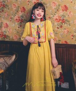 マキシ | ワンピース レディース 刺繍 綿麻 レトロ調 インスタ映え ナチュラル エスニック風 民族風 ボヘミアン 柔らかい SNS映え リゾート 赤 黄色 撮影 白