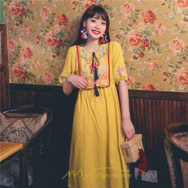 マキシ | ワンピース レディース 刺繍 綿麻 レトロ調 インスタ映え ナチュラル エスニック風 民族風 ボヘミアン 柔らかい SNS映え リゾート 赤 黄色 撮影 白