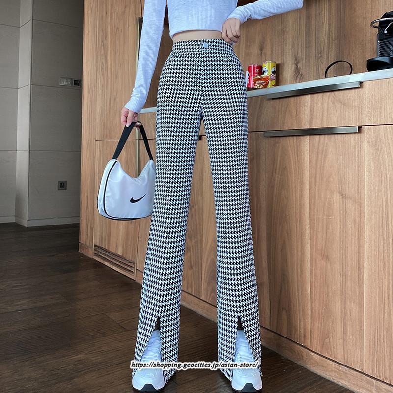 チノ・テーパード・ジョガー・スキニーパン | パンツ レディース フレアパンツ ロングパンツ 千鳥格柄 スリット カジュアル ハイウエスト ワイドパンツ トレンド おしゃれ 送料無料 楽ちん お出かけ かわいい