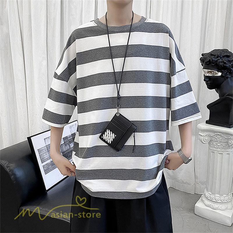Tシャツ | カットソー 半袖トップス メンズボーダー カジュアル クルーネック ゆったり 夏新作 夏服 シンプル おしゃれ 大きいサイズ 5分袖