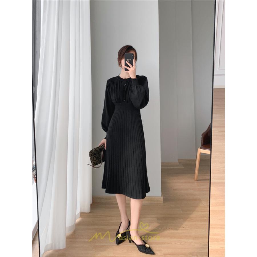 ニットワンピース | レディース 冬 きれいめ ロング おしゃれ 秋冬 長袖 送料無料 着痩せ 無地 通勤 提灯袖 可愛い パフスリーブ 20代30代40代50代