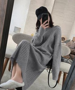 ワンピース | ニットレディース カジュアル ゆったり ロング長袖 リブニット 秋冬 フード付き