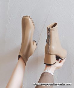 ショートブーツ | レディース 春秋ブーツ スクエアトゥ ブーツ チャンキーヒール 太ヒール 後ろファスナー 靴 通学通勤 シューズ 大人 黒ブーツ ミドルヒール