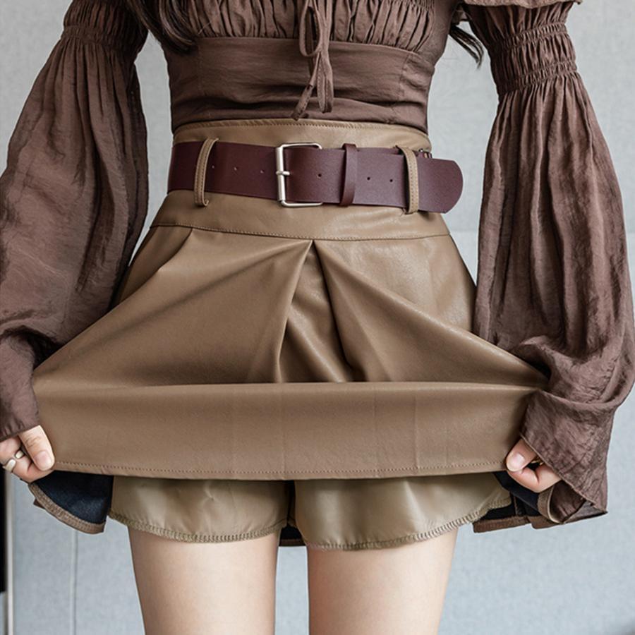 ミニスカート | プリーツレザースカート ベルト付き 秋冬