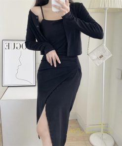 ミディアム | ワンピース タイトワンピース カーディガン セットアップ 2点セット セクシー 膝丈 スリット パーティー スリム キャミソールワンピース 大人 美ライン 無地