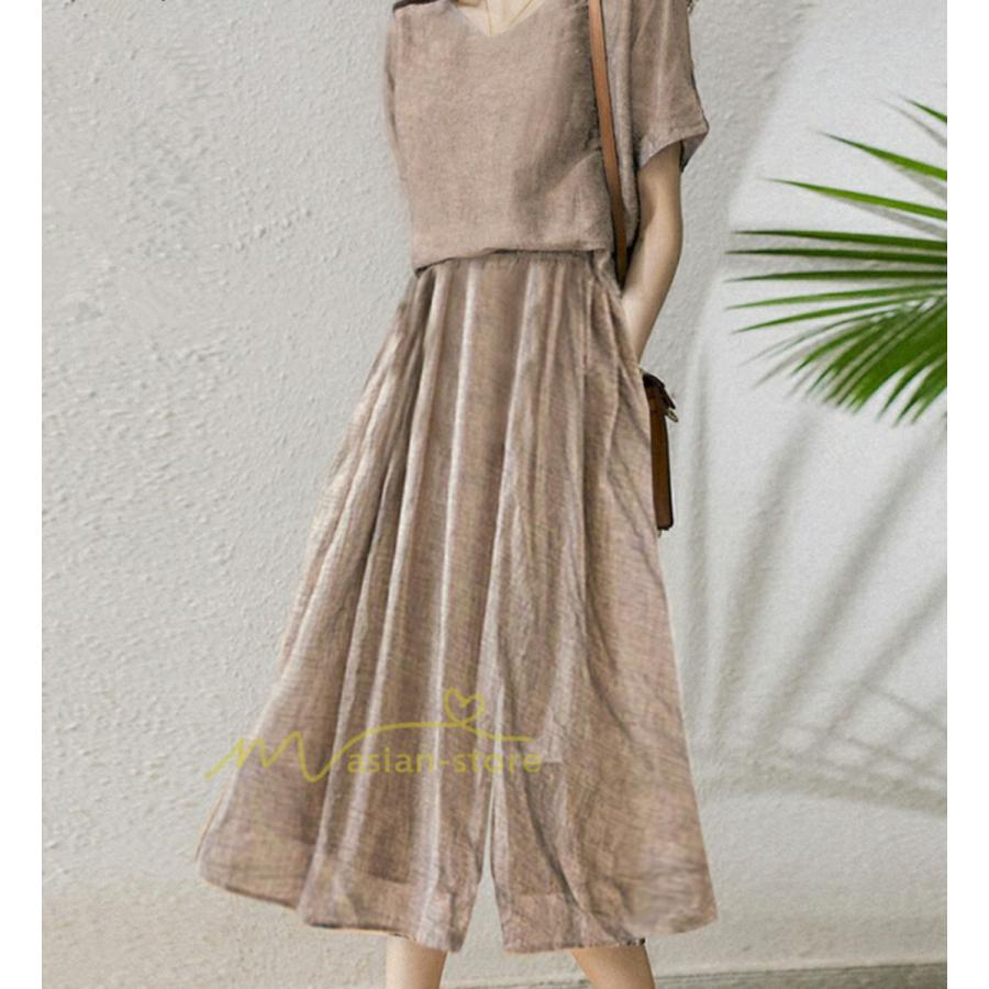 セットアップ | ワイドパンツ レディース きれいめ 2点セット トップス ブラウス ゆったり 体型カバー 上下セット 夏 パンツ カジュアル 綿麻 20代30代40代50代