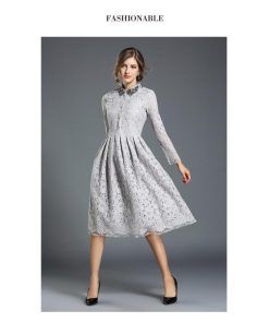 在庫ある | 短納期レースドレス フレアワンピース 膝丈ワンピ ハイウエスト シルエット 二次会 披露宴 ダンス 舞台衣装 エレガント 上品 着痩せ 結婚式 パーティー OL