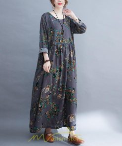 マキシ | ワンピース レディース 長袖 ロング カジュアル 花柄プリント 大きいサイズ  ぽっちゃり 着痩せ 上品 新作 丸首 秋 Aライン 夏 20代30代40代50代 レトロ風