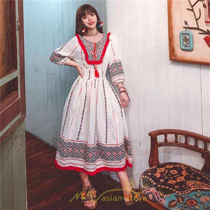 マキシ | ワンピース 夏 レディース リゾート きれいめ 夏ワンピ ファッション エスニック 幾何学柄 ウエストゴム レトロ サマーワンピース ロング 海外旅行 上品 夏服