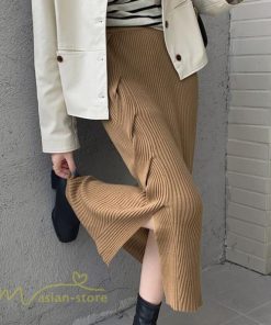 スカート | ニットタイトストレッチスリット入れロング丈 ミモレ丈 ハイウエスト 秋冬 ウエストゴム 美シルエット 楽チン