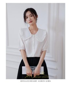 シャツ・ブラウス | ブラウス シフォン トップス レディース 白 紫 夏ブラウス シフォンブラウス 半袖 オフィス 春夏 クルーネック お出かけ 着痩せ 華奢見え フリル