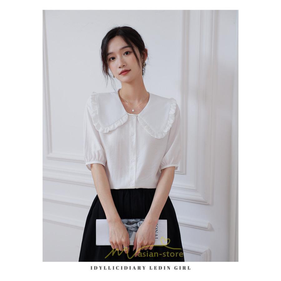 シャツ・ブラウス | ブラウス シフォン トップス レディース 白 紫 夏ブラウス シフォンブラウス 半袖 オフィス 春夏 クルーネック お出かけ 着痩せ 華奢見え フリル