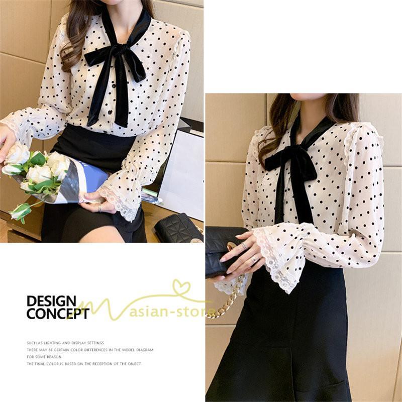シャツ・ブラウス | ブラウス レディース 長袖ブラウス 秋服 オフィスブラウス リボンネック オシャレブラウス プリントトップス 韓国風 大人 ゆったりシャツ 通勤OL ドット柄 上品