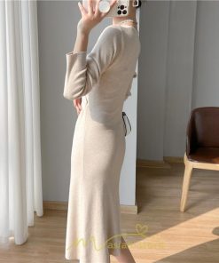 ニットワンピース | 二ットワンピース レディース ニットワンピ Vネック 長袖 トップス チュニック ロング丈 ミモレ丈 着痩せ 秋 冬 コーデ 20代30代40代 フェミニン 上品 大人