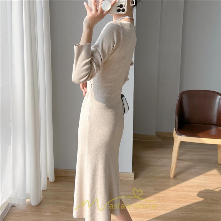 ニットワンピース | 二ットワンピース レディース ニットワンピ Vネック 長袖 トップス チュニック ロング丈 ミモレ丈 着痩せ 秋 冬 コーデ 20代30代40代 フェミニン 上品 大人