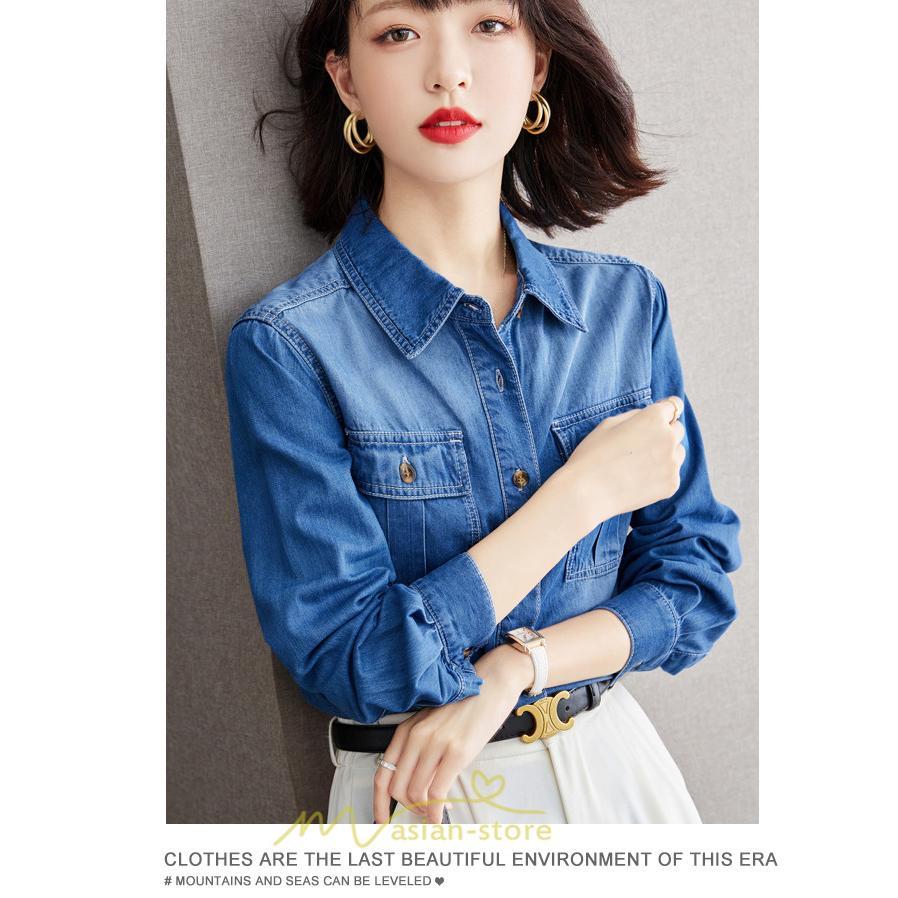 シャツ・ブラウス | デニムシャツ シャツ トップス レディース ブラウス 着痩せ デニム コットン カジュアル エレガント 通勤 通学 オシャレ 上品 ナチュラル 冬 キレイめ 秋 可愛い