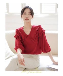 シャツ・ブラウス | トップス ブラウス 七分袖 シャツ きれいめ レディース 夏 白 赤 クルーネック フリル 春夏コーデ オフィス お仕事 通勤 就活 お出かけ ビジネス カジュアル