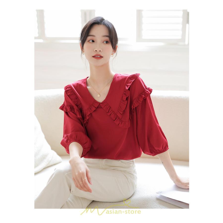 シャツ・ブラウス | トップス ブラウス 七分袖 シャツ きれいめ レディース 夏 白 赤 クルーネック フリル 春夏コーデ オフィス お仕事 通勤 就活 お出かけ ビジネス カジュアル