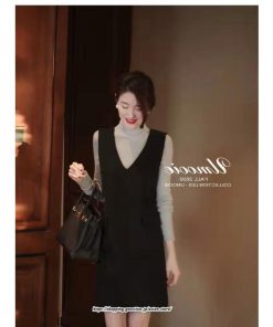 ミディアム | ワンピース ロング ロングワンピース スリム 細身 Vネック スリーブレス 無地 ロング丈 秋冬 レイヤード ノースリーブ