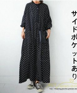 マキシ | ドットワンピース ドッキングワンピース 切替 秋 レディース ロングワンピース 長袖 Aラインワンピース 大人 可愛い ゆったり 30代ワンピース スタンドカラー