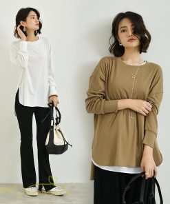 ｔシャツ・カットソー | Tシャツ 長袖 無地 着痩せ カットソー 長袖Tシャツ 無地 丸首 カジュアル 40代 50代 着回し 秋コーデ ゆったり 30代 フリーサイズ 20代 シンプル トップス