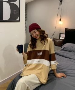 パジャマ ルームウェア | ビッグTシャツ レディーストップス ロングTシャツ ゆったりカジュアル可愛い M L XL XXL ベージュ 黒 ブルー ブラック 2020春夏ロングTシャツ