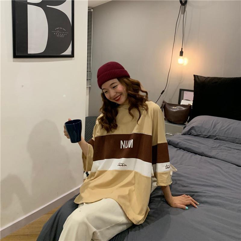 パジャマ ルームウェア | ビッグTシャツ レディーストップス ロングTシャツ ゆったりカジュアル可愛い M L XL XXL ベージュ 黒 ブルー ブラック 2020春夏ロングTシャツ
