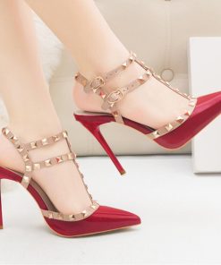 サンダル | ハイヒール キャバパンプス レディース パーティー アンクルストラップ結婚式靴 スタッズpumpsポインテッドトゥ サンダルパンプス