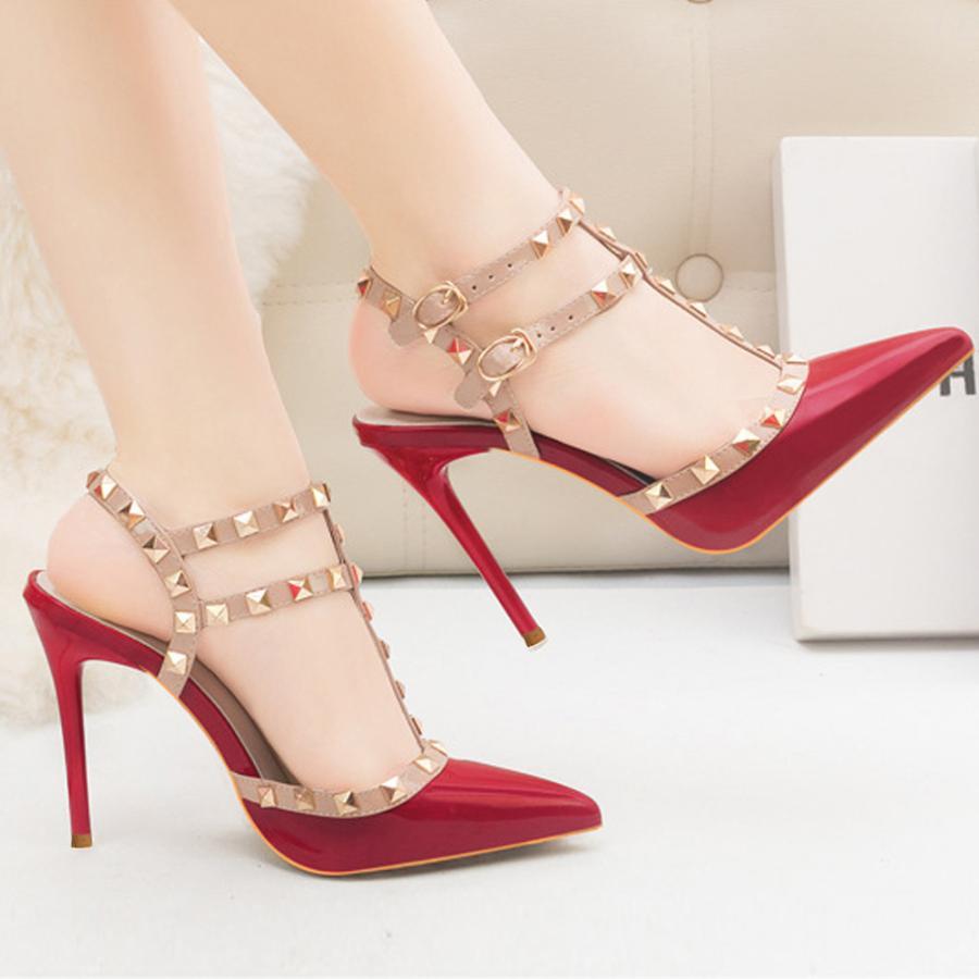 サンダル | ハイヒール キャバパンプス レディース パーティー アンクルストラップ結婚式靴 スタッズpumpsポインテッドトゥ サンダルパンプス