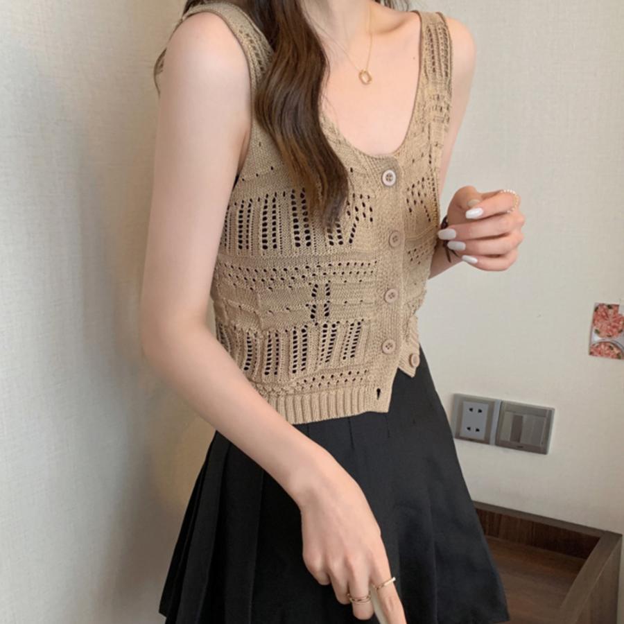 透かし編みトップス | 透かし編み タンクトップ スクエアネック