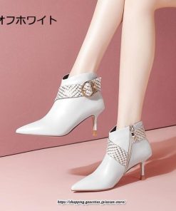 ブーツ | ショートブーティー ハイヒール レディース ポインテッドトゥ 可愛い おしゃれ 靴 美脚 通勤 秋 冬 飾り 高級感 パンプス サイドジッパー ピンヒール