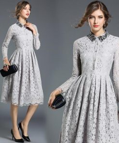 在庫ある | 短納期レースドレス フレアワンピース 膝丈ワンピ ハイウエスト シルエット 二次会 披露宴 ダンス 舞台衣装 エレガント 上品 着痩せ 結婚式 パーティー OL