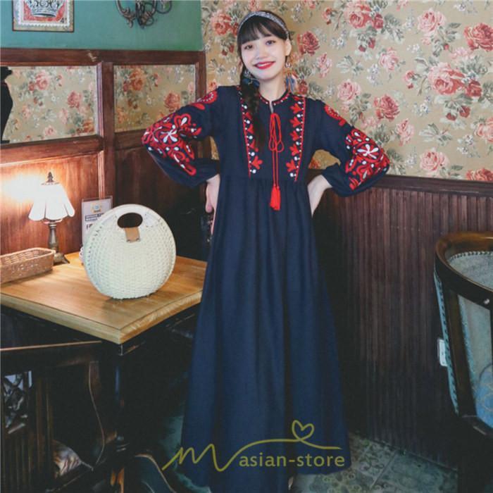 マキシ | 花柄ワンピース 丸首 リゾート ワンピース レディース 長袖 夏秋 ロング丈 マキシ丈 大人 上品 刺繍 綿麻 二次会 女子会 旅行 お出かけ コットン バカンス