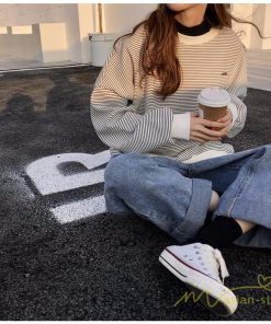 パーカー | フェイクレイヤード風トレーナー レディース ゆったりシルエット 切替 長袖 トップス フードなしボーダー ロングTシャツ サイドスリット入れ