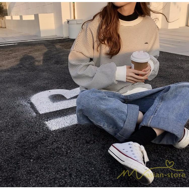 パーカー | フェイクレイヤード風トレーナー レディース ゆったりシルエット 切替 長袖 トップス フードなしボーダー ロングTシャツ サイドスリット入れ