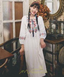マキシ | ロングワンピース  レディース 夏 秋 夏秋 リゾート ロング ワンピ 長袖 大人 白 黄色 青 赤 四色展開 がーりー 刺繍 レトロ風 かわいい おしゃれ きれいめ 上品