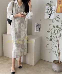 マキシ | ワンピース ノースリーブ Vネック ミモレ丈 ツイードワンピース スリット キラキラ 美ライン 女シルエット エレガント 秋物 レディース 秋冬 フェミニン