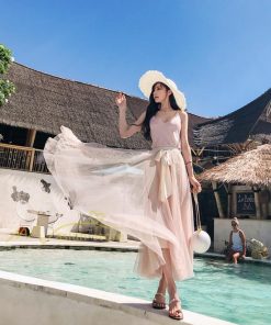 スカート | フレア チュールレディース ロングウエストゴム 春夏 リボン マキシ ドッキング 20代30代40代 着痩せ カジュアル お出かけ