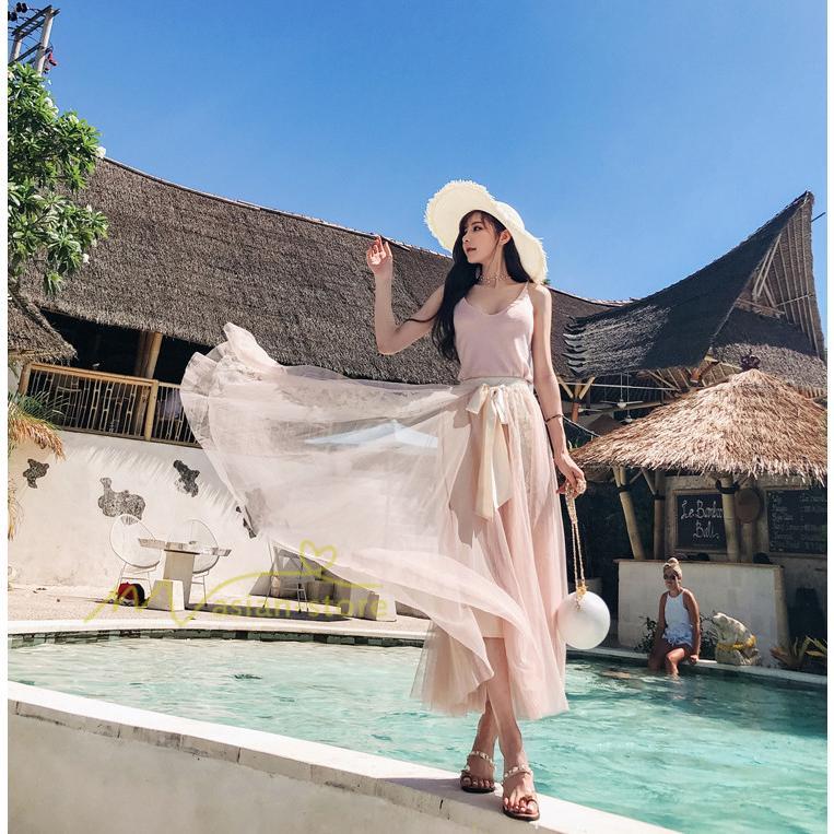 スカート | フレア チュールレディース ロングウエストゴム 春夏 リボン マキシ ドッキング 20代30代40代 着痩せ カジュアル お出かけ