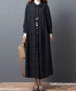 マキシ | チェック柄ワンピースリネン風 シャツワンピース 30代レディース秋物長袖 綿麻風 ゆったり ゆるシルエット 大人 チェック柄 可愛い 通学通勤 ロングシャツ