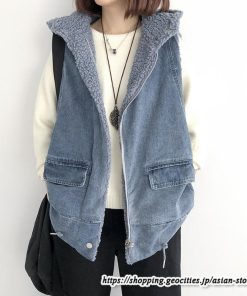 ベスト | ファーレディース 秋冬 デニムフード付き ミドル丈 両面 リバーシブル ジップアップ ファー 厚手 アウター 20代50代 大人 カワイイ 防寒 防風