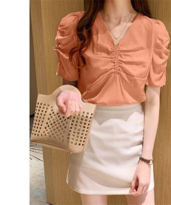 シャツ・ブラウス | シャツ ブラウス レディース バルーンスリーブ 半袖ブラウス Vネック トップス ファッション 無地 シャーリング サマー 通学 通勤 着痩せ 着回し 2020夏新作