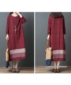 マキシ | リネンワンピース50代レディース綿麻風 長袖秋物 丸ネック 無地 Aラインワンピース ミモレ丈ワンピース サイドポケット ワンピース 30代40代 シンプル 大人