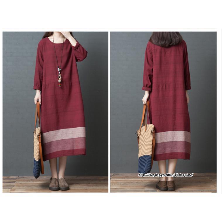 マキシ | リネンワンピース50代レディース綿麻風 長袖秋物 丸ネック 無地 Aラインワンピース ミモレ丈ワンピース サイドポケット ワンピース 30代40代 シンプル 大人