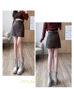 スカート | レザーボトムス ミニAライン 秋冬 レディース 革通勤 着痩せ フェイクレザー インナーパンツ付き ベルト付き ジッパー
