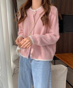 ニット・セーター | アウター Uネック パールボタン付き レディース 無地 ニットカーディガン 長袖 ショートニット ニットトップス