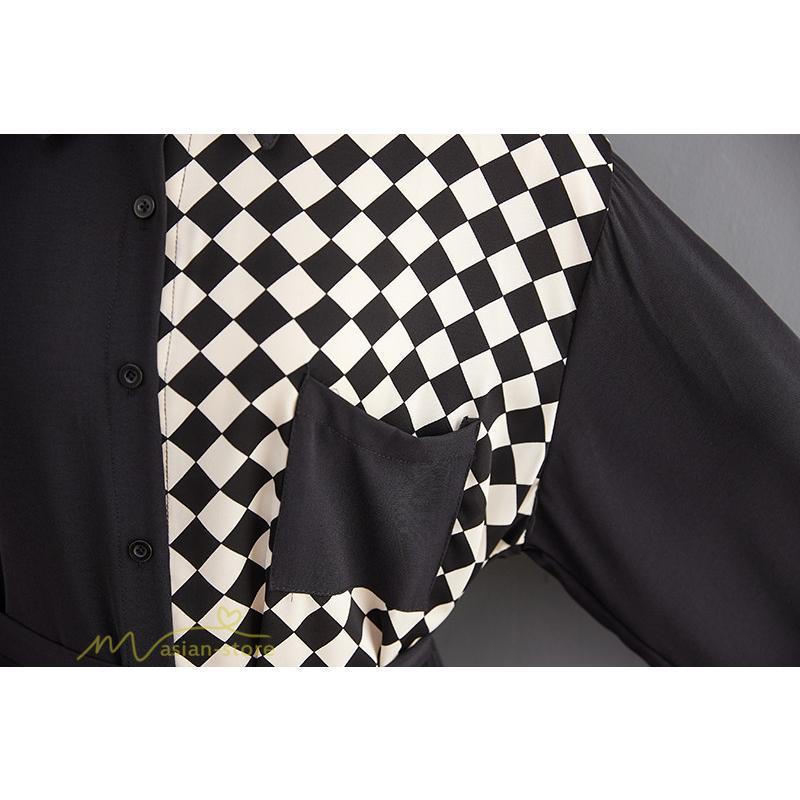 シャツワンピース | ワンピース 長袖 秋 新作 チェック柄 ゆったり 切り替え フリーサイズ ウエストリボン 体型カバー シンプル 大人 バルーンスリーブ 前開き