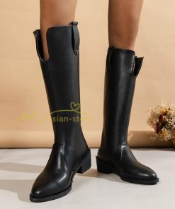 ロングブーツ | レディース ブーツ 秋冬 黒ブーツ シューズ 靴 太ヒール チャンキーヒール 合皮ブーツ PUブーツ ロング靴 COS 後ろファスナー くつ コスプレ