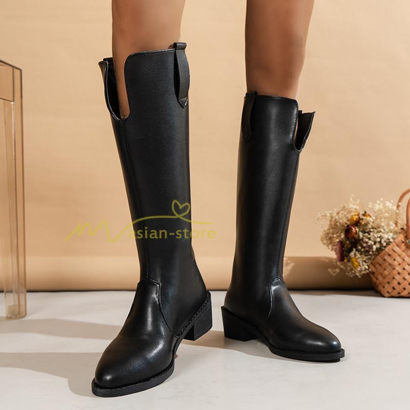 ロングブーツ | レディース ブーツ 秋冬 黒ブーツ シューズ 靴 太ヒール チャンキーヒール 合皮ブーツ PUブーツ ロング靴 COS 後ろファスナー くつ コスプレ