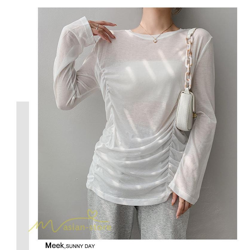 tシャツ・カットソー | Tシャツ Tシャツ レディース 無地 長袖 トップス カジュアルTシャツ おしゃれ クルーネック 秋服 夏秋 インナー 日常感 大きいサイズ 薄手 タック ゆったり 上品